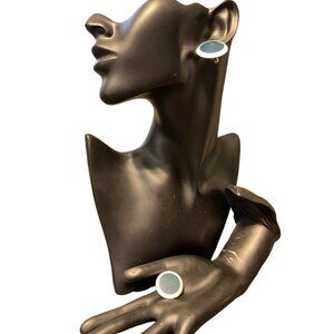 VintageNapier Button Pierced Clip On Earrings Blue & White Oval Design